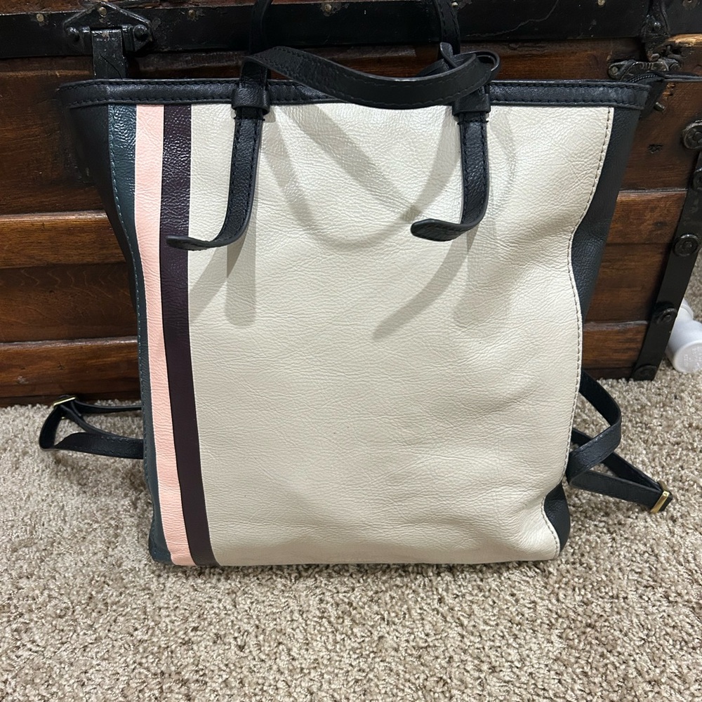 Fossil Cream Leather Backpack with Pink and Black Stripes